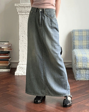 Hotty Vintage Faded Summer Denim Maxi Long Skirt