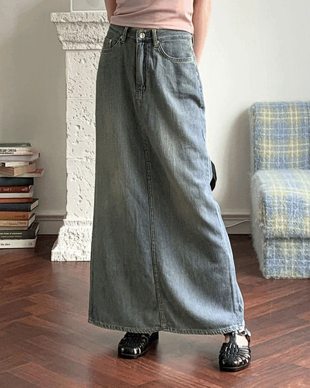 Hotty Vintage Faded Summer Denim Maxi Long Skirt