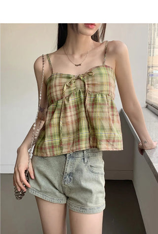 Rifen Check Cap Built-in Shirring Ribbon Flare Strap Sleeveless