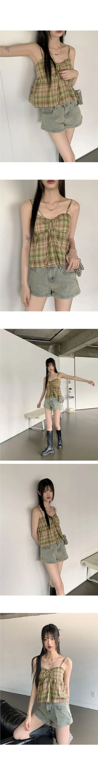 Rifen Check Cap Built-in Shirring Ribbon Flare Strap Sleeveless