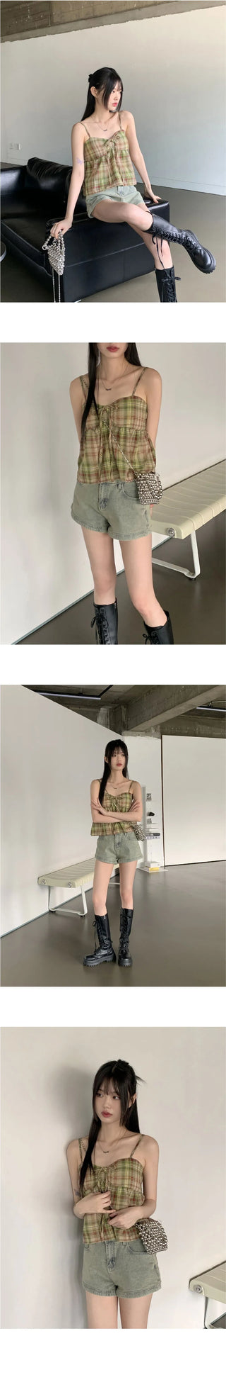 Rifen Check Cap Built-in Shirring Ribbon Flare Strap Sleeveless