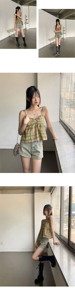 Rifen Check Cap Built-in Shirring Ribbon Flare Strap Sleeveless