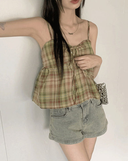 Rifen Check Cap Built-in Shirring Ribbon Flare Strap Sleeveless