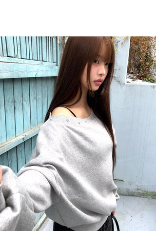Slow-fit off-shoulder studded Fleece-lined long-sleeved Sweatshirt