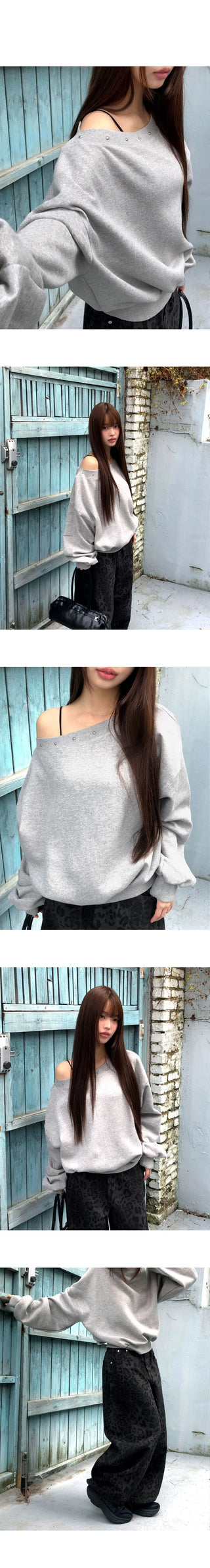 Slow-fit off-shoulder studded Fleece-lined long-sleeved Sweatshirt