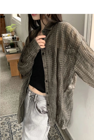 Hilch Seersucker See-Through Check Pattern Boxy Overfit Long Shirt Shirt