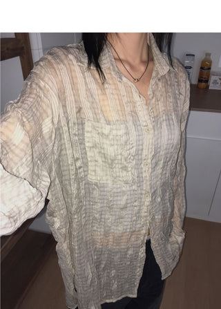 Hilch Seersucker See-Through Check Pattern Boxy Overfit Long Shirt Shirt