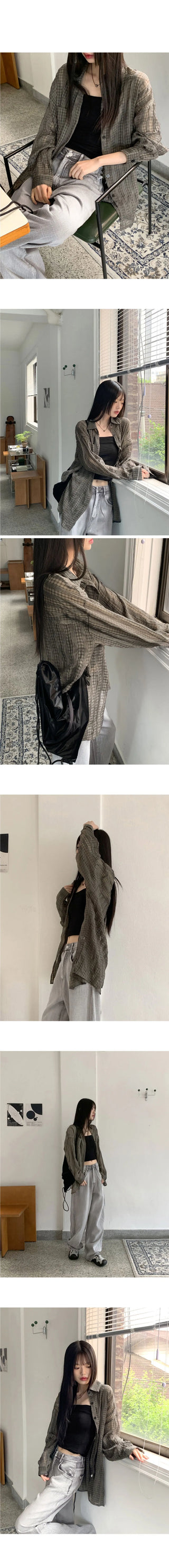 Hilch Seersucker See-Through Check Pattern Boxy Overfit Long Shirt Shirt