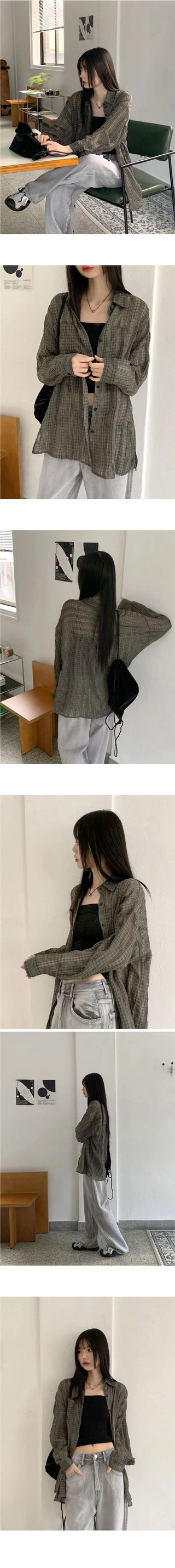 Hilch Seersucker See-Through Check Pattern Boxy Overfit Long Shirt Shirt