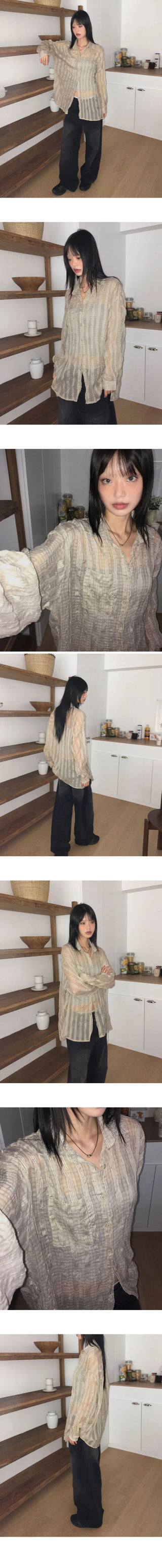 Hilch Seersucker See-Through Check Pattern Boxy Overfit Long Shirt Shirt