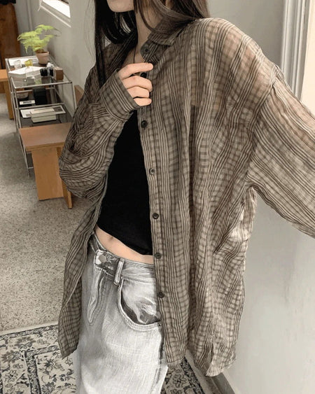 Hilch Seersucker See-Through Check Pattern Boxy Overfit Long Shirt Shirt