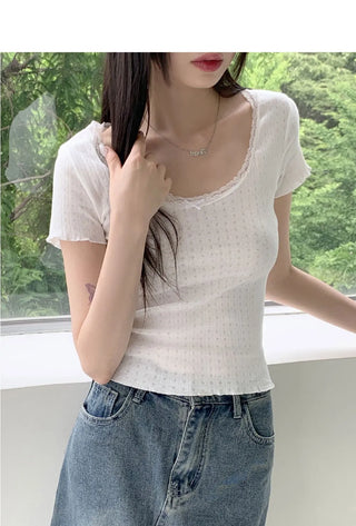 Hubble Vintage Ribbon Punching Lace Wave Crop Short Sleeve T-shirt
