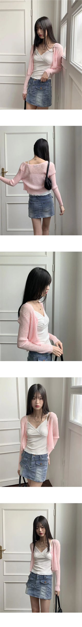 Lumming Summer See-Through One-Button Crop Long Sleeve Cardigan