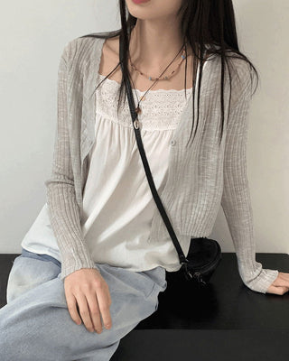 Lumming Summer See-Through One-Button Crop Long Sleeve Cardigan