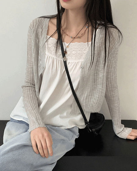 Lumming Summer See-Through One-Button Crop Long Sleeve Cardigan