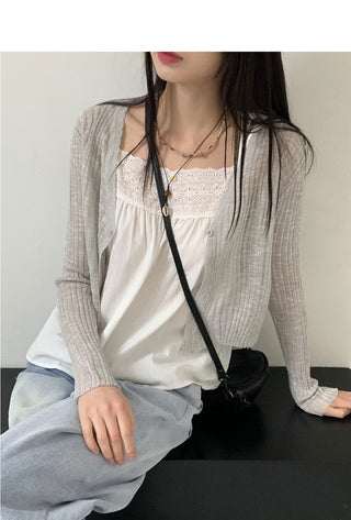 Lumming Summer See-Through One-Button Crop Long Sleeve Cardigan