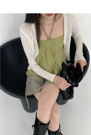 Lumming Summer See-Through One-Button Crop Long Sleeve Cardigan