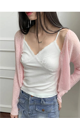 Lumming Summer See-Through One-Button Crop Long Sleeve Cardigan