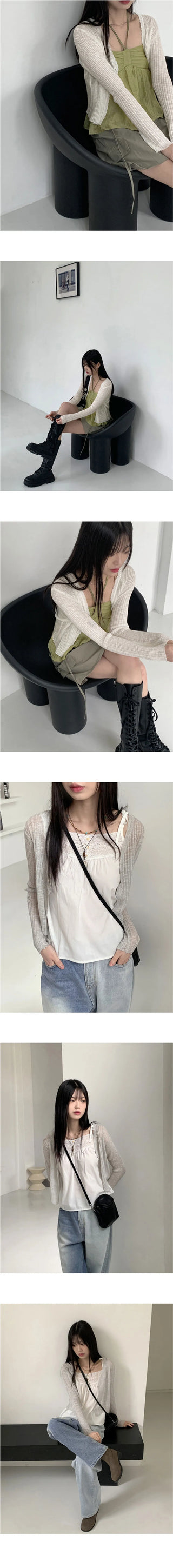 Lumming Summer See-Through One-Button Crop Long Sleeve Cardigan