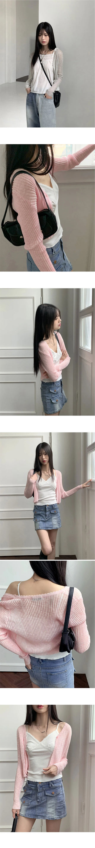 Lumming Summer See-Through One-Button Crop Long Sleeve Cardigan