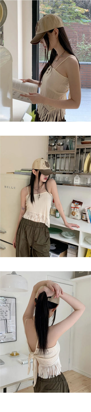 ON Backless Fringe Tassel Diagonal Sleeveless Top