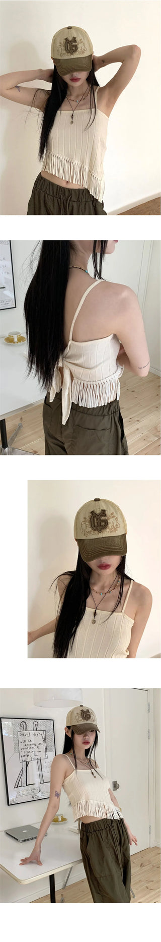 ON Backless Fringe Tassel Diagonal Sleeveless Top