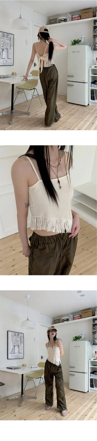 ON Backless Fringe Tassel Diagonal Sleeveless Top