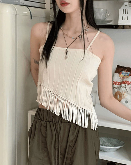 ON Backless Fringe Tassel Diagonal Sleeveless Top