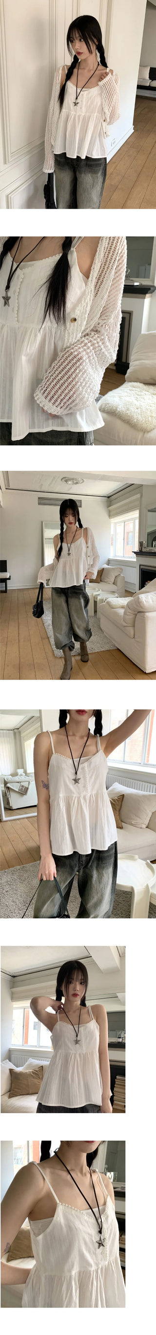 Curving Vintage V- V-Neck Button Lace Strap Adjustable Sleeveless