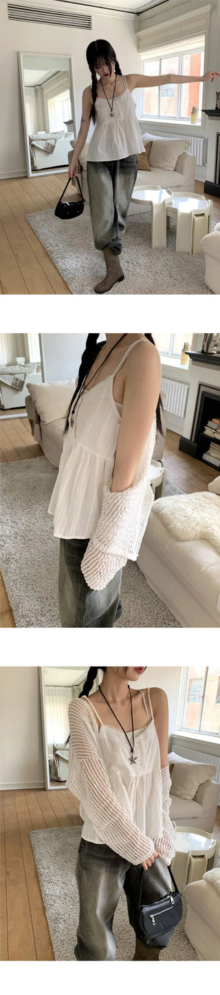Curving Vintage V- V-Neck Button Lace Strap Adjustable Sleeveless