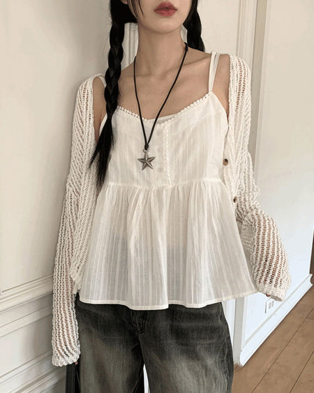 Curving Vintage V- V-Neck Button Lace Strap Adjustable Sleeveless