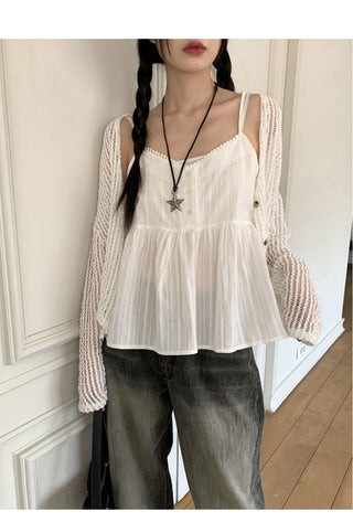 Curving Vintage V- V-Neck Button Lace Strap Adjustable Sleeveless