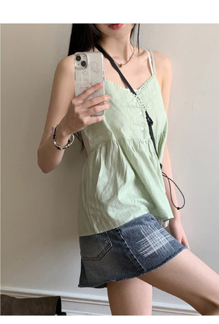 Curving Vintage V- V-Neck Button Lace Strap Adjustable Sleeveless