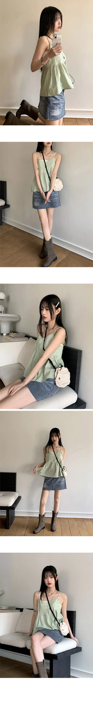 Curving Vintage V- V-Neck Button Lace Strap Adjustable Sleeveless