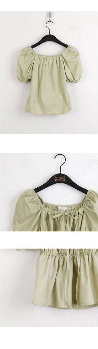 Chubby Puff Ruffle Ribbon Cropped Short Sleeve Blouse