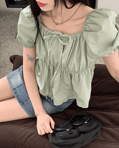 Chubby Puff Ruffle Ribbon Cropped Short Sleeve Blouse