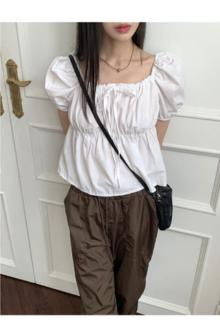 Chubby Puff Ruffle Ribbon Cropped Short Sleeve Blouse