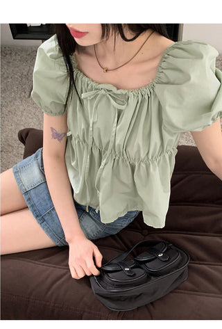 Chubby Puff Ruffle Ribbon Cropped Short Sleeve Blouse