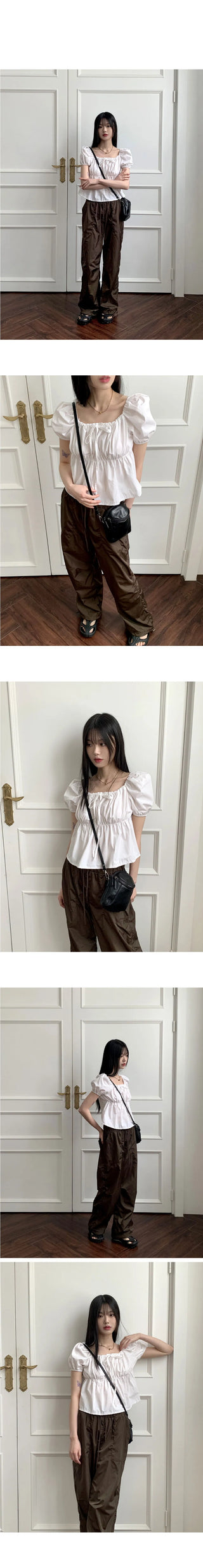 Chubby Puff Ruffle Ribbon Cropped Short Sleeve Blouse