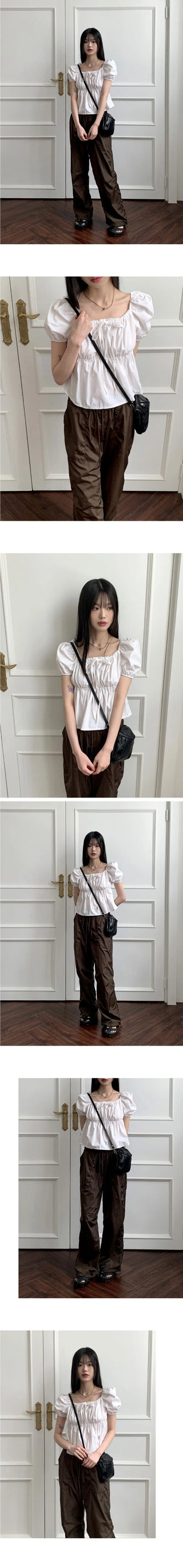 Chubby Puff Ruffle Ribbon Cropped Short Sleeve Blouse