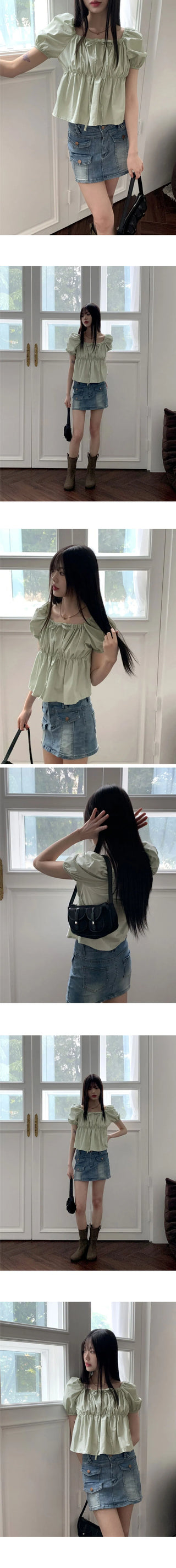 Chubby Puff Ruffle Ribbon Cropped Short Sleeve Blouse