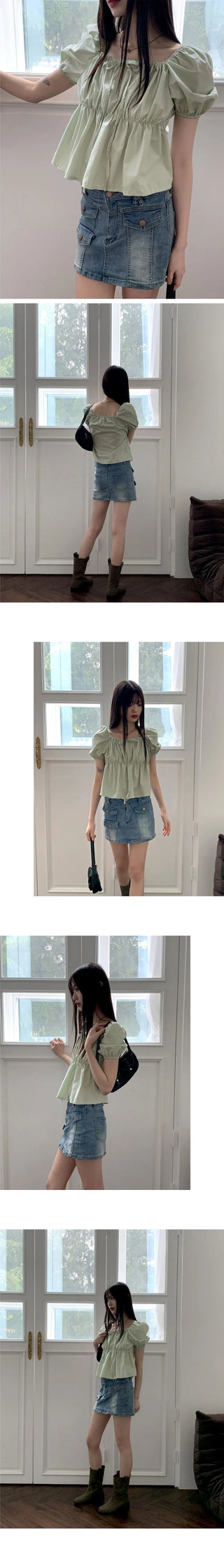 Chubby Puff Ruffle Ribbon Cropped Short Sleeve Blouse