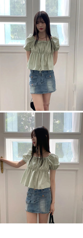 Chubby Puff Ruffle Ribbon Cropped Short Sleeve Blouse