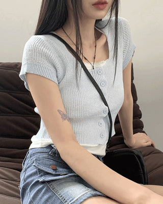 Blair Bookle Button Square Crop Short Sleeve Cardigan