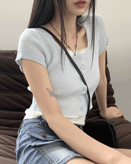Blair Bookle Button Square Crop Short Sleeve Cardigan