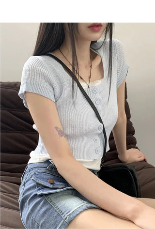 Blair Bookle Button Square Crop Short Sleeve Cardigan