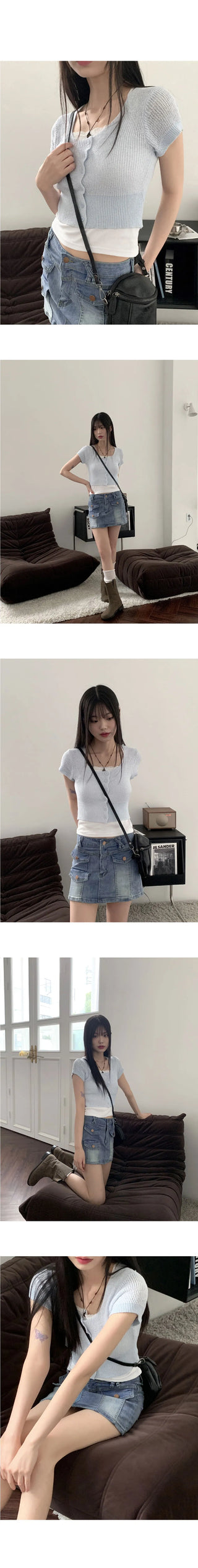 Blair Bookle Button Square Crop Short Sleeve Cardigan
