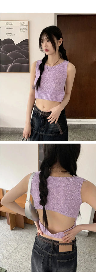 Moline Inverted Backless Split Knitwear Crop Vest Sleeveless