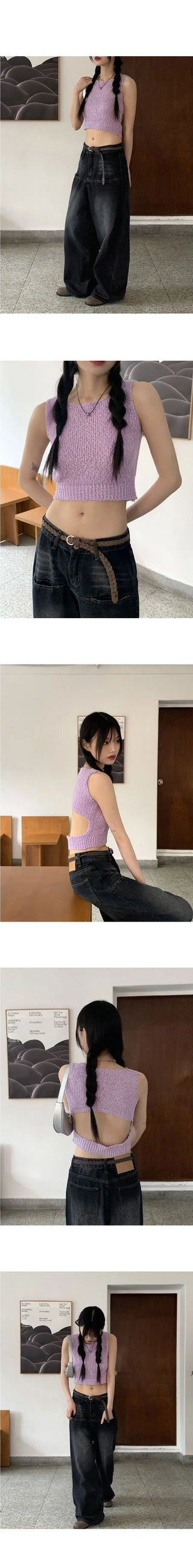 Moline Inverted Backless Split Knitwear Crop Vest Sleeveless