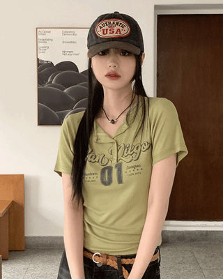 Bizen Y2K Lettering Snap Button Ribbed Cropped Short Sleeve T-shirt